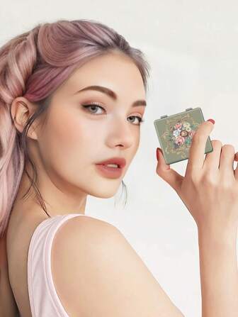 1pc Vintage European Style Wreath Design Folding Compact Vanity Mirror, Lightweight Portable Handheld Mirror, Durable PU Leather & Metal Vacuum Plating, Suitable For All Occasions And Users, Foldable Square Pocket Mirror