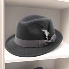 Feather Hats Vintage Short Brim Felt Fedora Hats For Women Men Jazz Hats - Màu xám đen - Xem 4