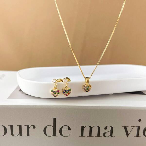 Conjunto Brinco e Colar Infantil Coração Cravejado Banhado Ouro 18K