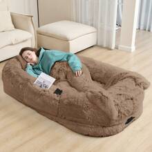 Human Dog Bed Fits You And Pets For People Doze Off, Washable Faux Fur Napping Orthopedic Dog Bed, Present Plump Pillow, Blanket, Strap-Grey, 71"X45"X14" - Màu Khaki - Xem 1