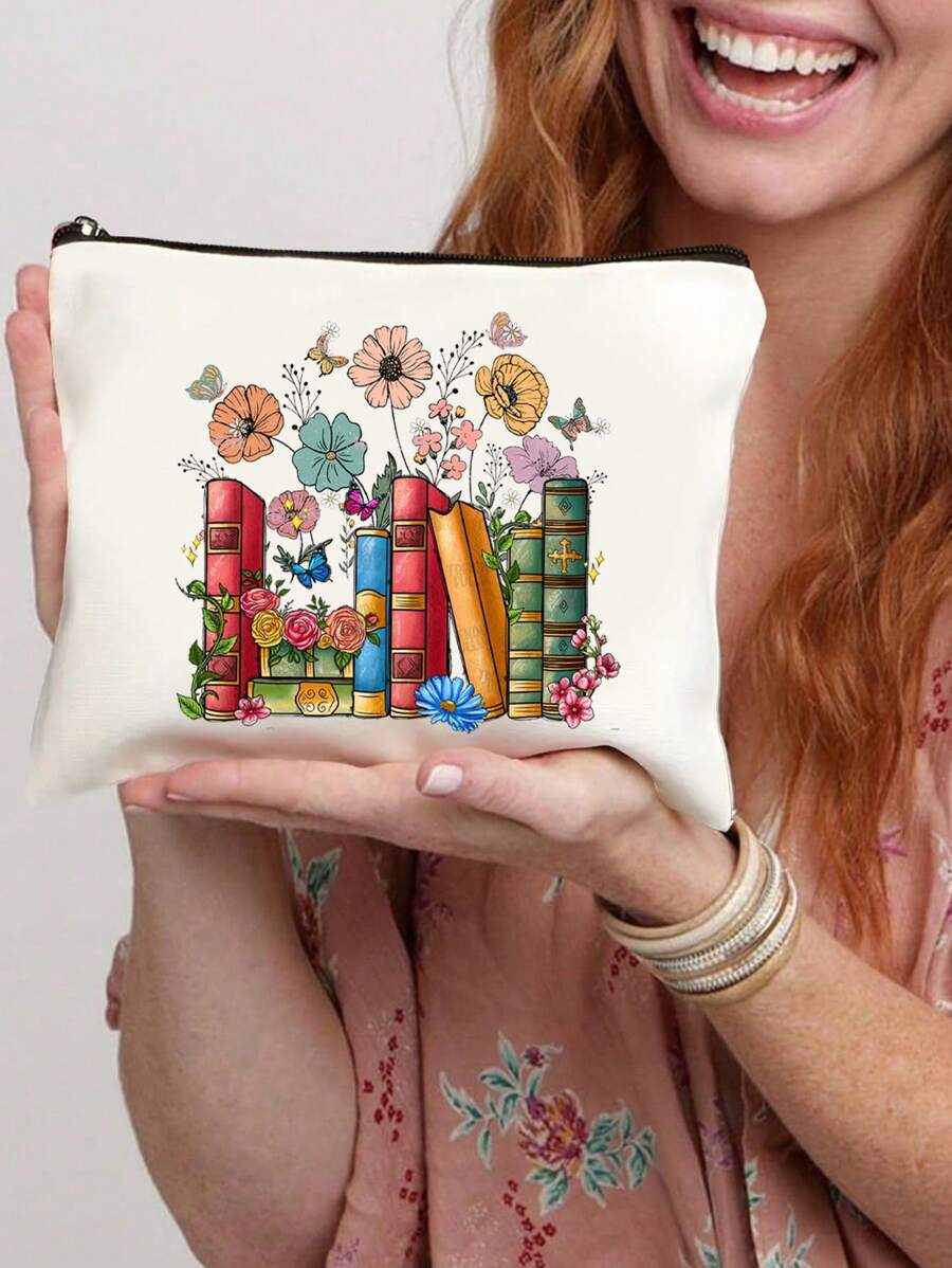 Vibrant Floral Makeup Bag,Book Flower Print Cosmetic Bag,Gift For Book Lovers, Motivational Gift, Thank You Gift Cosmetic Bag, Suitable For Travel Business, Vacation, Daily, Sports, Fitness, Beach Cosmetic Bag Cosmetic Storage Box Cosmetic Storage Box - Beige - View 1