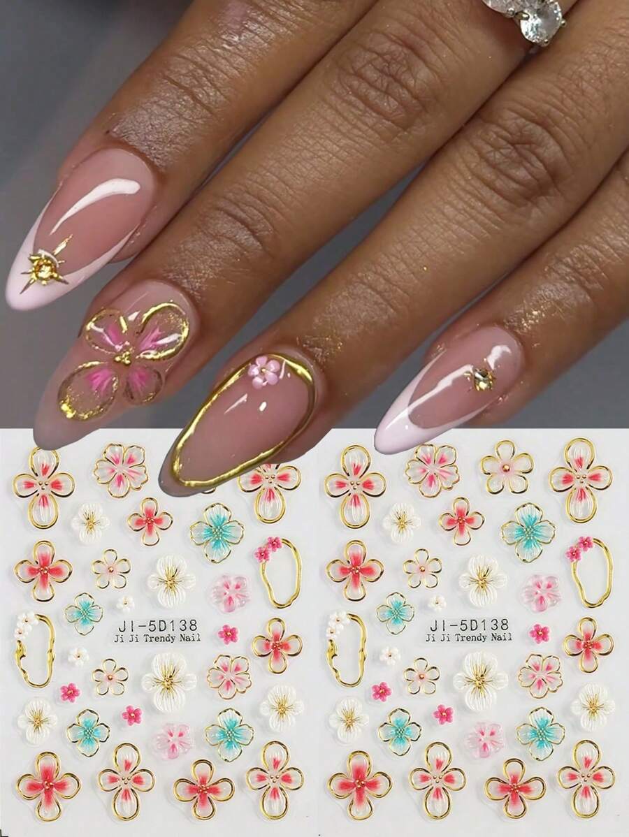2 Pieces Of Spring And Summer Hot Gold Edged Flower Petal Relief Nail Stickers, Disposable Self-Adhesive Backing Adhesive, Women's DIY Art Decoration Accessories Nail Stickers