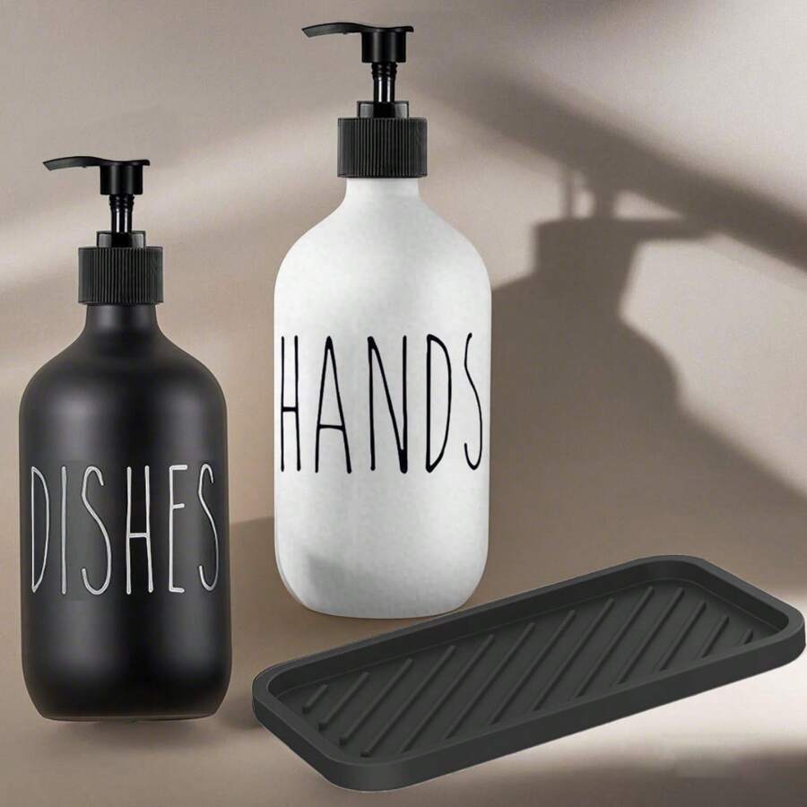 WCIC زجاجة قابلة لإعادة التعبئة 500 مل، مجموعة موزع صابون الأطباق للمطبخ، موزع صابون اليدين وصابون الأطباق، زجاجة تخزين المنظفات باللون الأسود/الأبيض، موزع صابون اليد وصابون الأطباق مع مضخة، ديكور منظم للمنزل والحمام، ديكور الخريف، عودة إلى المدرسة