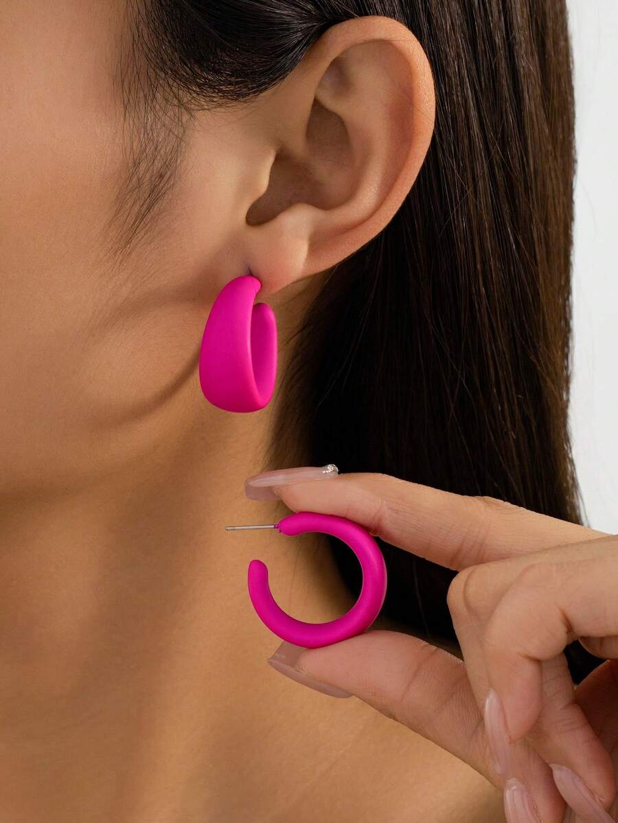1 Pair Vibrant Color Simple Metal Round Circle Hoop Earrings, Vacation Style Gift For Date - Hot Pink - View 1