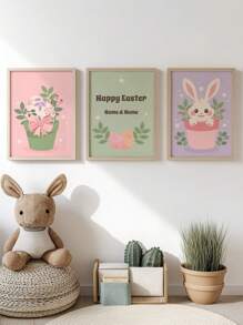 Juego de 3 carteles personalizados sin marco de conejos de Pascua, huevos brillantes y caza de huevos familiar para decoración de habitación infantil, con nombre personalizado, decoración sin marco para habitación de bebé