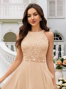 MIUSOL Floral Lace Backless Ruffle Hem Chiffon Ballgown, Wedding Guest Dress - Champagne - View 8