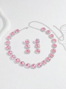 1 Set Luxury 3pcs Silver Bridal Jewelry Set, Includes 1 Pink Necklace, 2 Earrings And Wedding Accessories - Baby Pink - View 3