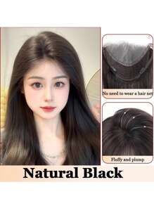 自然黑色合成顶部额头隐形无缝蕾丝网覆盖白发蓬松增加发量长直发中分头发替换片 - 黑色 - 查看 12