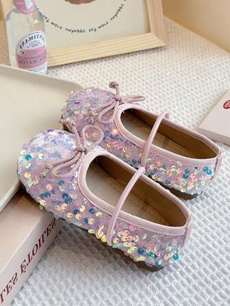 New Version Children's Flat Shoes, Children's New Dance Shoes, New Yoga Shoes, Shiny Sparkle Upper, Cute Bow & Hook And Loop Closure Flat Shoes