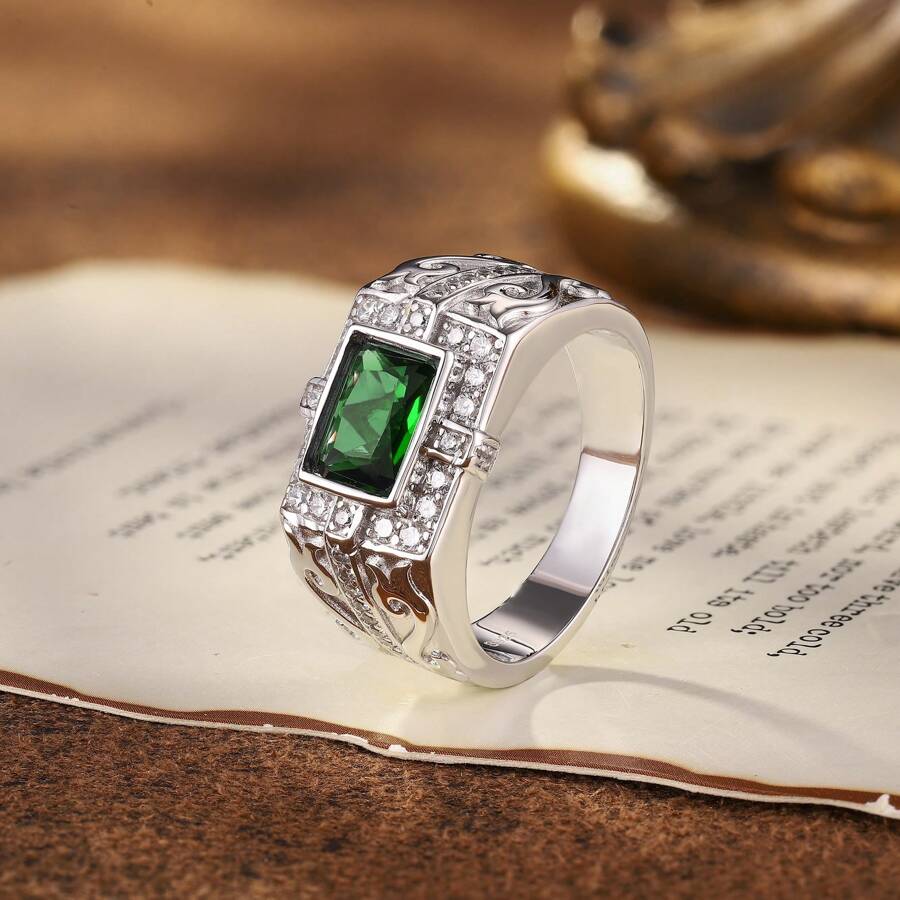 1 件迷人的 S925 纯银男士戒指，独特时尚设计，镶嵌绿色宝石，非常适合求婚、周年纪念、圣诞节、新年、情人节、聚会、派对的礼物，重 8 克 - 綠色 - 查看 1