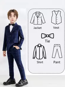 Boys Suits Grid 5-Pieces Suit Set Toddler Tuxedos Dresswear Ring Bearer Outfit Wedding Blazer Vest Pants Shirts Tie Formal Suits For Kids Navy Blue Size 6-16Y