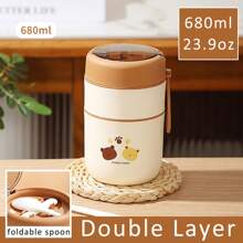 1 Pc Stainless Steel Vacuum Thermal Portable Lunch Box Double Layer 500ml & 680ml Insulated Lunch Food Warmer Soup Cup Insulated Containers Bento Lunch Box With Foldable Spoon (Lid Randomly Shiped),School Supplies