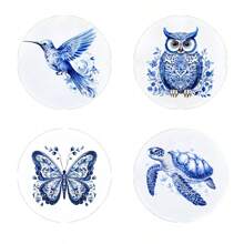 4pcs Blue And White Porcelain Flower, Animal, Car Printed Wooden Cup Coasters, Heat Insulation Coasters For Tea Cup, Coffee And Beverage Cup, Ideal Home And Restaurant Decor, Collectible Wooden Coasters - Multicolor - View 9