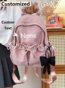 可定制姓名的大容量轻便背包，蝴蝶结装饰功能性背包，多功能学生背包，带蝴蝶结吊坠的休闲旅行背包，耐用大容量，可调节肩带，适合毕业生、新生，户外活动、返校旅行、学生书包