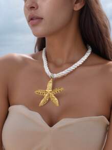 1pc Stylish Exaggerated Beach Resort Starfish Detail Necklace, Color Rope Pendant Necklace, Fashion Accessory For Women, Suitable For Beach, Party, And Daily Wear
