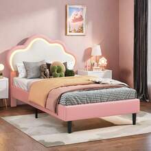 Single Bed 90x200 Cm, Single Bed, Adjustable Headboard, Cloud-Shaped Headboard, Princess Bed, Leather, Pink - Pink - View 2