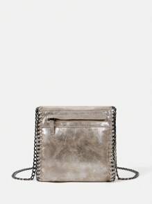 Chain Strap Soft Crossbody Bag With Metallic Feel - Grey - View 2