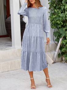 Women's Fall Midi Dress Long Sleeve Floral Smocked Elegant Wedding Guest Long Flowy Dresses - 灰藍 - 查看 3