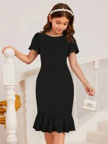 Girl's Crew Neck Short Sleeve Solid Color Ruffle Hem Casual Everyday Dress, For Big Children