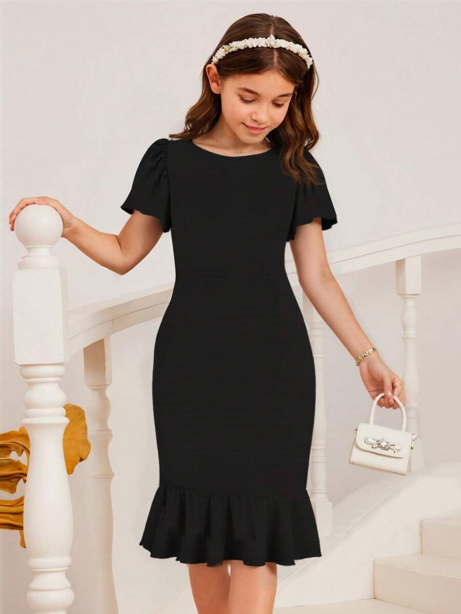 Girl's Crew Neck Short Sleeve Solid Color Ruffle Hem Casual Everyday Dress, For Big Children