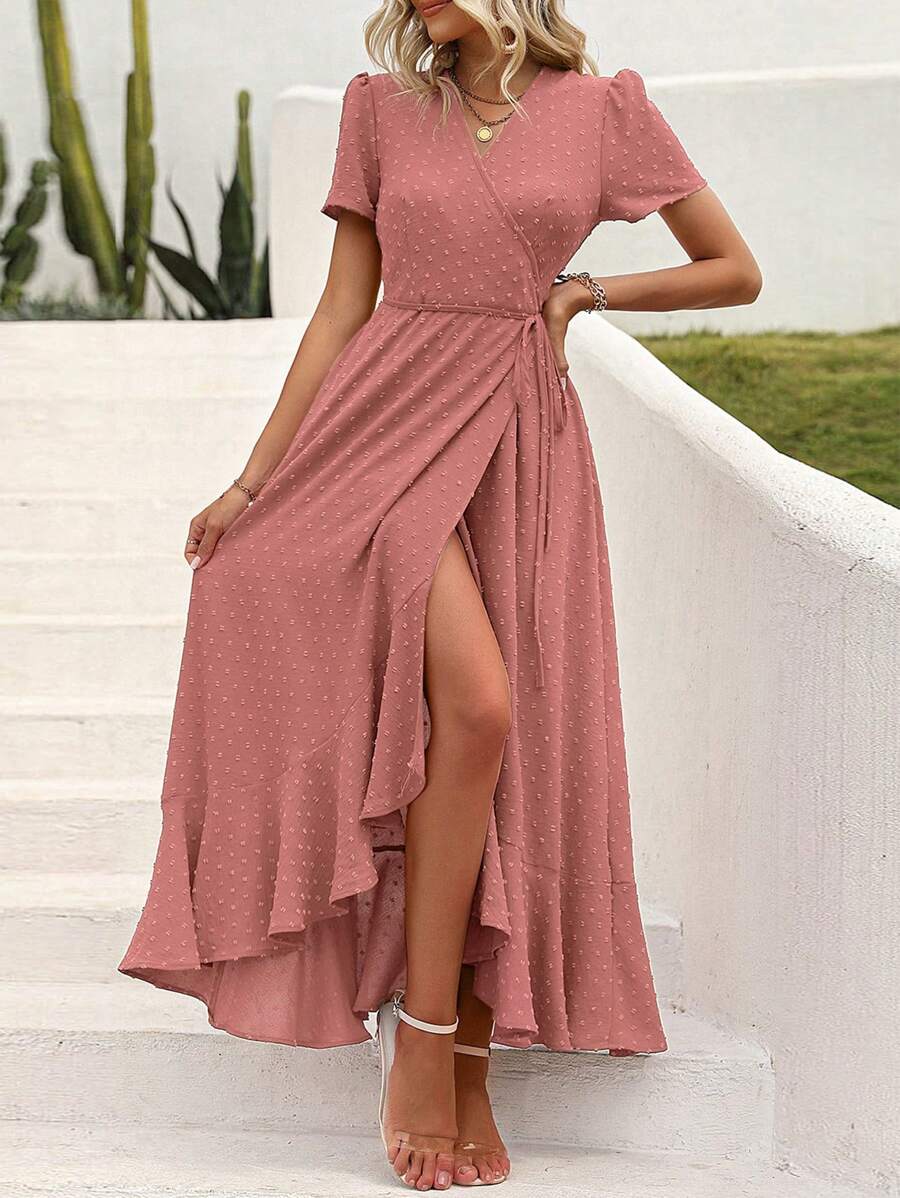 Women's Summer Wrap Dress Casual Boho Chic Floral V-Neck Short Sleeve Flanged Beach Holiday Dress - Hồng - Xem 1
