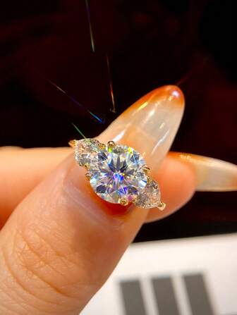 1pc 3ct Round Triple Diamond Double Heart Design D Color Moissanite Diamond Ladies Engagement Ring S925 Sterling Silver Simple Romantic Eternity Wedding Anniversary Ring Luxury Jewelry Gifts