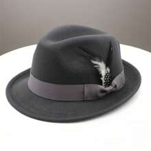 Feather Hats Vintage Short Brim Felt Fedora Hats For Women Men Jazz Hats - Màu xám đen - Xem 2