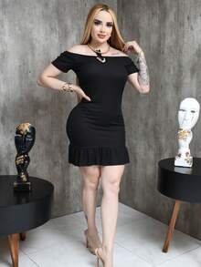 vestido basico primavera LisoCasualTelaBajo con volanteNudoCapas relajadasvestido basico - Negro - Ver 3