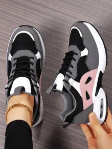Plus Size Air Cushion Lightweight Casual Women Shoes, Black Patchwork Sports Shoes For Women Women's Platform Thick Bottom Sports Shoes Women's Wedge Sneakers Thick Sole Increase Height Women Sports Shoes Increase Height Men Shoes Men's Thick Sole Shoes Lace-Up Simple Couple Leisure Travel Shoes, Men's Sports Shoes - Black - View 6