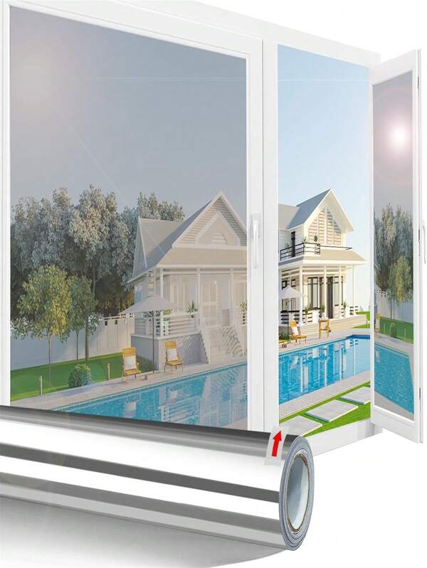 Fensterfolie für einseitige Sicht, Datenschutzfolie für Glasfenster, wärmereflektierende Fensterfolie, blendfreie UV-Fensterfolie für Zuhause, nicht selbstklebend, statisch haftend, silber