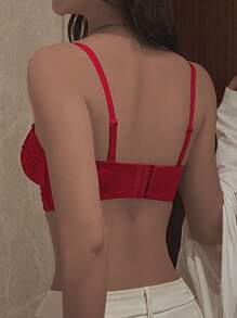 Women's Red Small Bust Enhancing Push Up Underwire Bra With Lace Ditsy Floral Embroidery, Strapless Design, Suitable For Small Bust