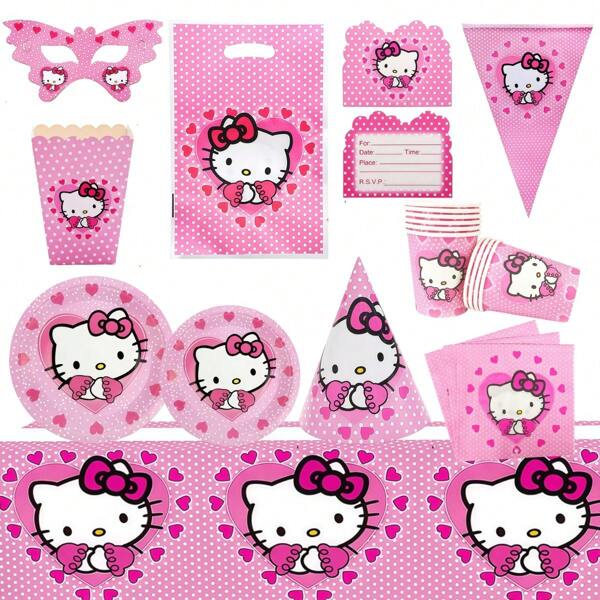 Sanrio Ensemble de décoration pour fête d'anniversaire sur le thème de Sanrio hello kitty, comprenant une nappe, des gobelets en papier, des serviettes en papier, des assiettes, des chapeaux en papier, des masques, des boîtes à pop-corn, des sacs-cadeaux, des figurines de personnages de dessins animés. Fournitures jetables pour fête de festival.