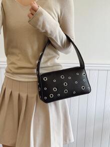 复古摩托车风格软皮铆钉手提包，百搭镂空铆钉手提包