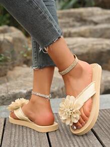 Women's Fashionable Linen Rope Slippers, Soft Bottom Outdoor Indoor Casual Beach Flip Flops, Summer New - Beige - View 5