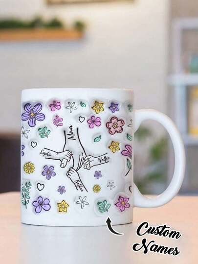 1pc Custom Name Mug Personalized Name Coffee Mug, Personalized Flower Mug, Personalized Text Anniversary Mug, Unique Gift For Women's Day, Housewarming Gifts, Valentine's Gift, Anniversary Gift, Mother's Day Gift, Ideal Gift For Mom, Grandma, Unique Gift For Wife, Thanksgiving Gift, Christmas Gift, Perfect Gift For Mother, Multi-Functional, Custom, Personalized, Unique, Mom, Family, Friends, Son, Daughter, School Students, Workers, Kids, Office, Tea Room, School, Home, Home Decor, Brunch-Ready