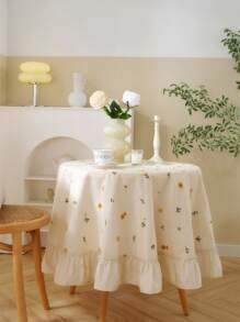 1 块奢华杏色花卉刺绣裙形褶皱荷叶边桌布，适用于咖啡桌、餐桌