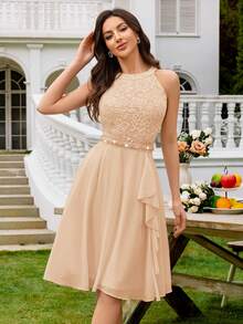 MIUSOL Floral Lace Backless Ruffle Hem Chiffon Ballgown, Wedding Guest Dress - Champagne - View 6