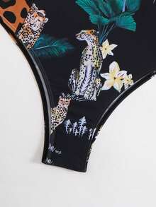 Summer Beach Surf Fashion Leopard Print Tropical Print Long Sleeve One Piece Swimsuit With Zipper For Water Sports