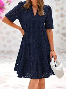 Women Summer Embroidery Eyelet  Short Dress V Neck Short Sleeve Hollow Out Lace Ruffle Tiered Flowy Mini Dress Solid White Casual Boho Bohemian Resort Beach Holiday Vacation Valentine Babydoll Mini Short Dress - 藏蓝色 - 查看 5