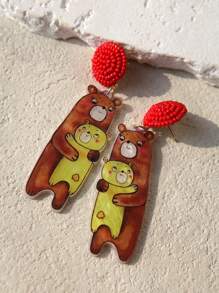 Pink Snail 可爱个性手工种子珠耳钉，卡通卡哇伊熊设计亚克力树脂吊坠耳环，适合女性女孩的时尚珠宝礼物，适合夏季、冬季、海滩派对、节日、复活节 - 大熊和小熊 - 查看 3