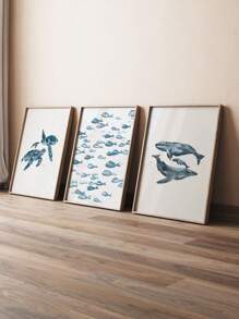 3 件动物绘画海报乌龟挂画鲸鱼印刷图片夏季海报套装海洋动物墙面艺术海岸装饰现代家居装饰儿童房墙壁装饰可选框架 - 藍色 - 查看 5