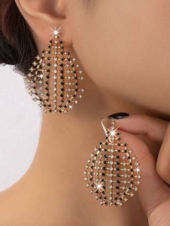 1 Pair Fashion Elegant Full Crystal Hollow Water Drop Earrings, Suitable For Daily Wear