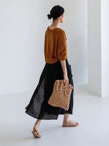Women's Wide Leg Linen Capri Pants Multi-pockets Loose Fit Fake-two Piece Culotes - Negro - Ver 5