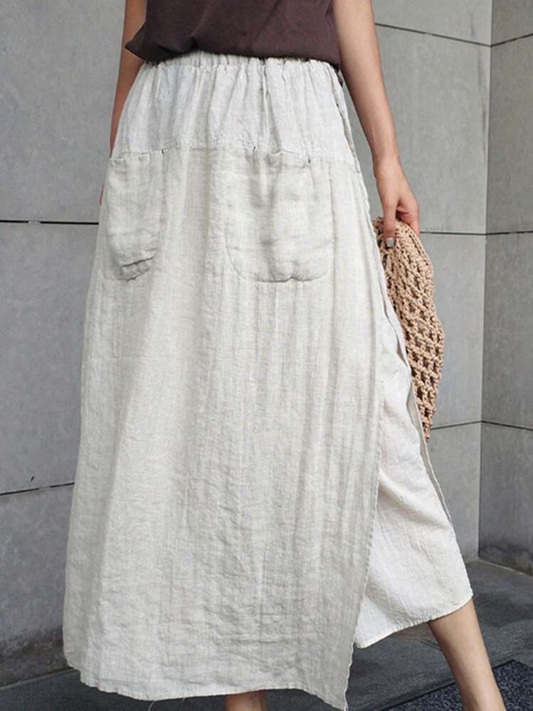Women's Wide Leg Linen Capri Pants Multi-pockets Loose Fit Fake-two Piece Culotes - Blanco - Añade 5
