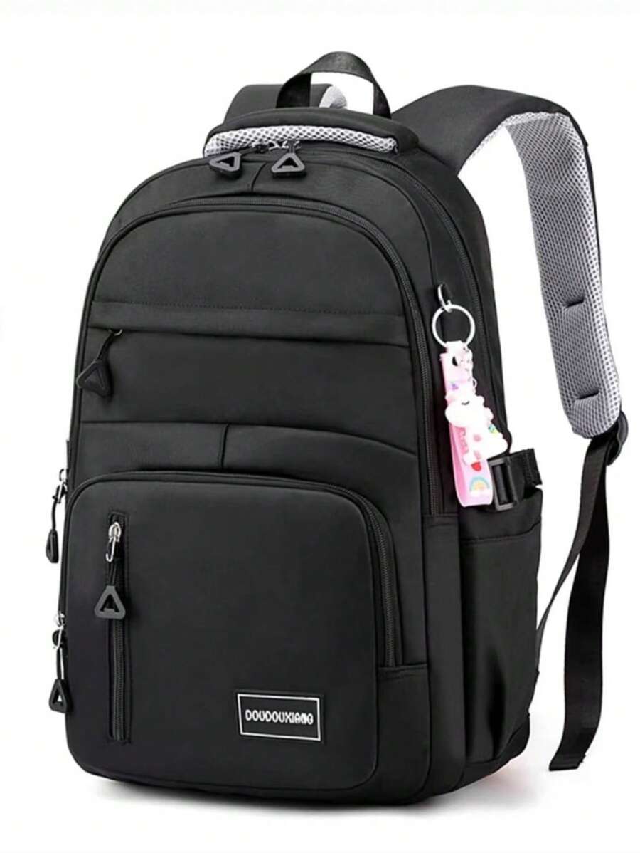 LECEY Mochila ligera y de moda para mujeres hecha de nailon, con múltiples bolsillos y gran capacidad, adecuada para estudiantes y con portaobjetos colgantes - Negro - Ver 1