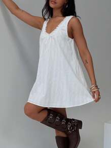 Women's Summer Casual Lace Patchwork Bow V-Neck Vest Doll Shirt Mini Dress - trắng - Xem 4