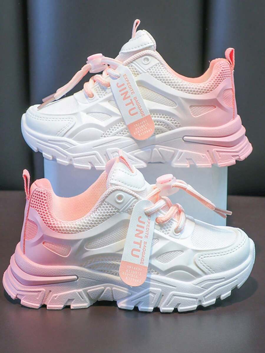 1 双女童休闲可爱拼色 PU 设计运动鞋，简约时尚，柔软舒适，适合小女孩的休闲鞋，适合日常穿着、上学、体育赛事、户外活动 - 粉色 - 查看 1