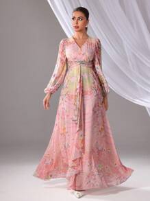Women's Elegant Floral All-Over Print Arabic Style Dress, Modest - Pink - View 1