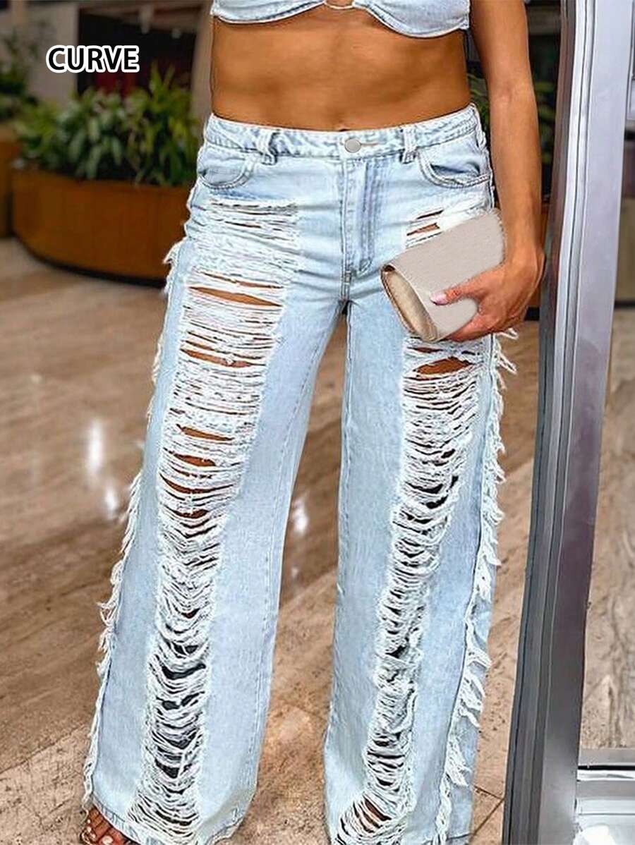 Quần Jeans Ống Thẳng Rộng Rách Phong Cách Đường Phố Của Mỹ Dành Cho Phụ Nữ Cỡ Lớn - Rửa nhẹ - Xem 1