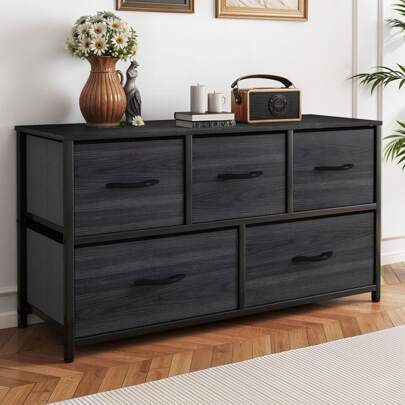 Yitahome Commode, 5 Tiroirs en Tissu Commode Chambre Meuble de Rangement, Cadre en Métal,pour Chambre à Coucher, Salon,Gris Profond